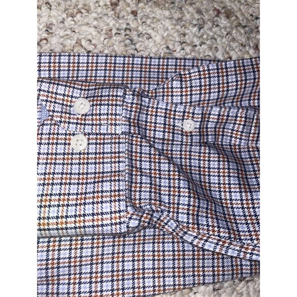 Johnston & Murphy Shirt Mens Medium Blue Brown White Plaid Button Up Cotton L - Picture 5 of 14